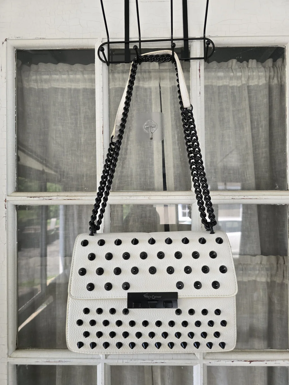 White Studded Crossbody Bag with Black Chain Strap